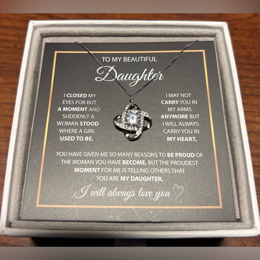 Touching Silver Tone White Crystal Daughter Pendant Necklace